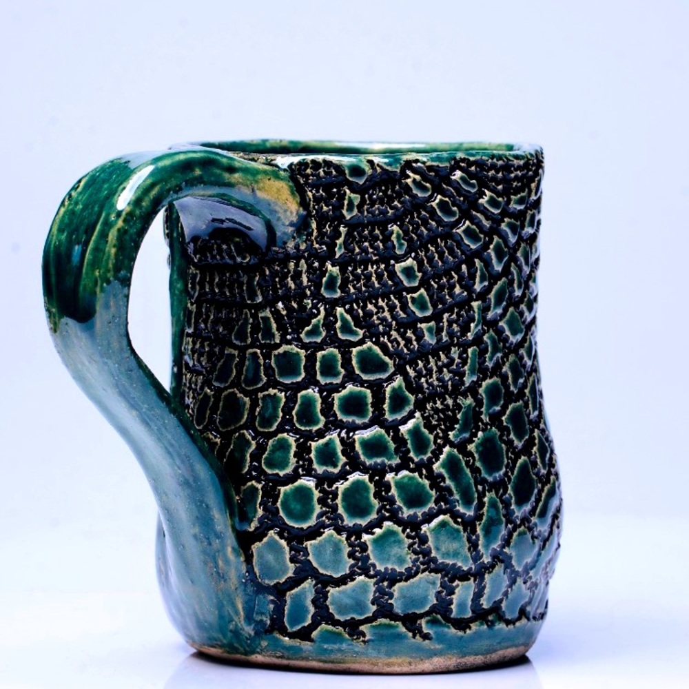 Green, textured one of a kind ceramic mug ready to ship! Medusa, gorgon, snake